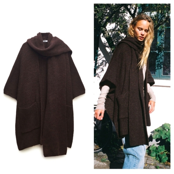 ZARA Cardigan Coat Cape Scarf Brown size S and M - Picture 8 of 16